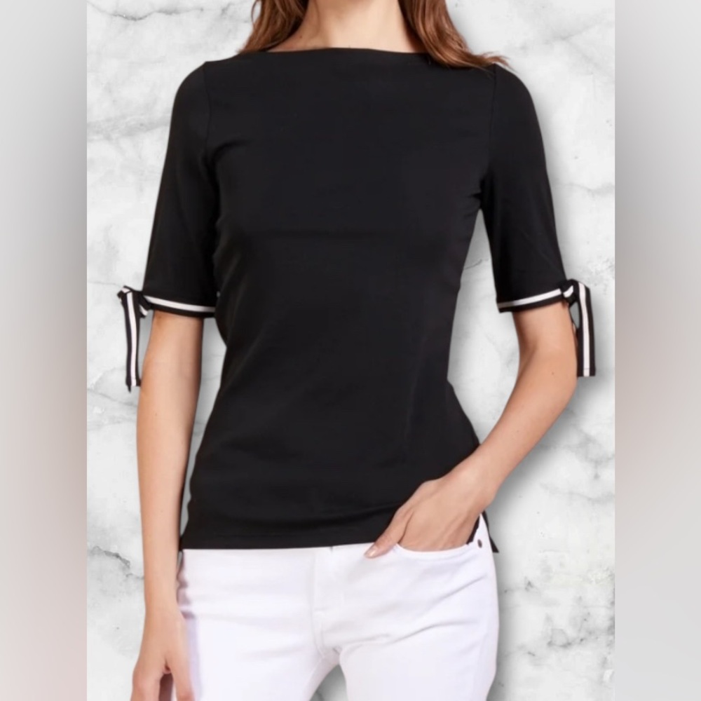 Lauren Ralph Lauren Navy Blue Top White Ribbon Tie Accents Short Sleeve Size L - Picture 6 of 14